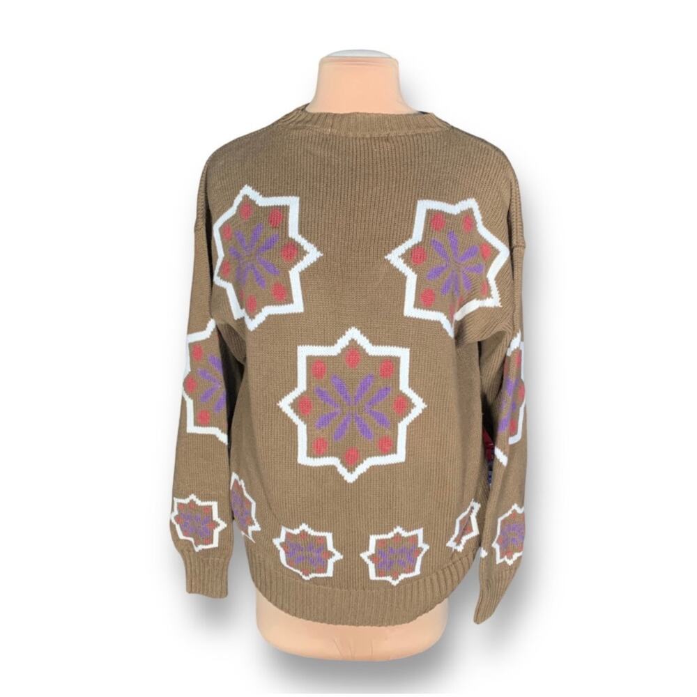 Vintage Henry Grethel Handframe Knit Brown Graphic Cotton Sweater Unisex Large